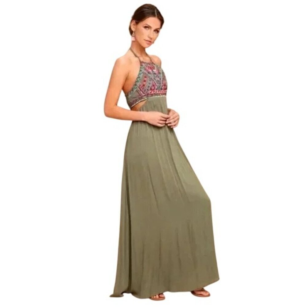 Lulus Embroidered Babydoll Maxi Dress Small Green Boho Bohemian Hippie Beach